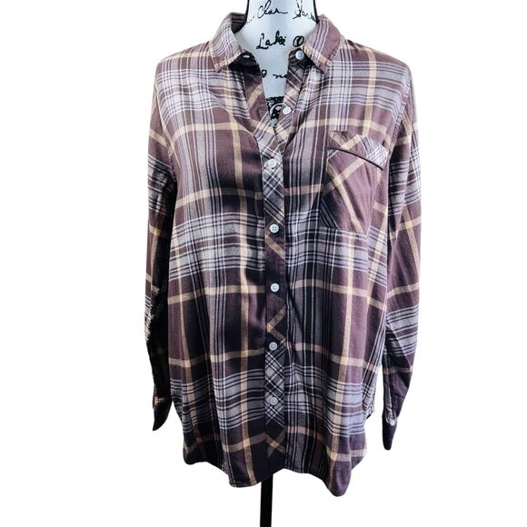 Aerie Brown Plaid Lightweight Flannel button up collar long sleeve size M boho - Picture 1 of 14